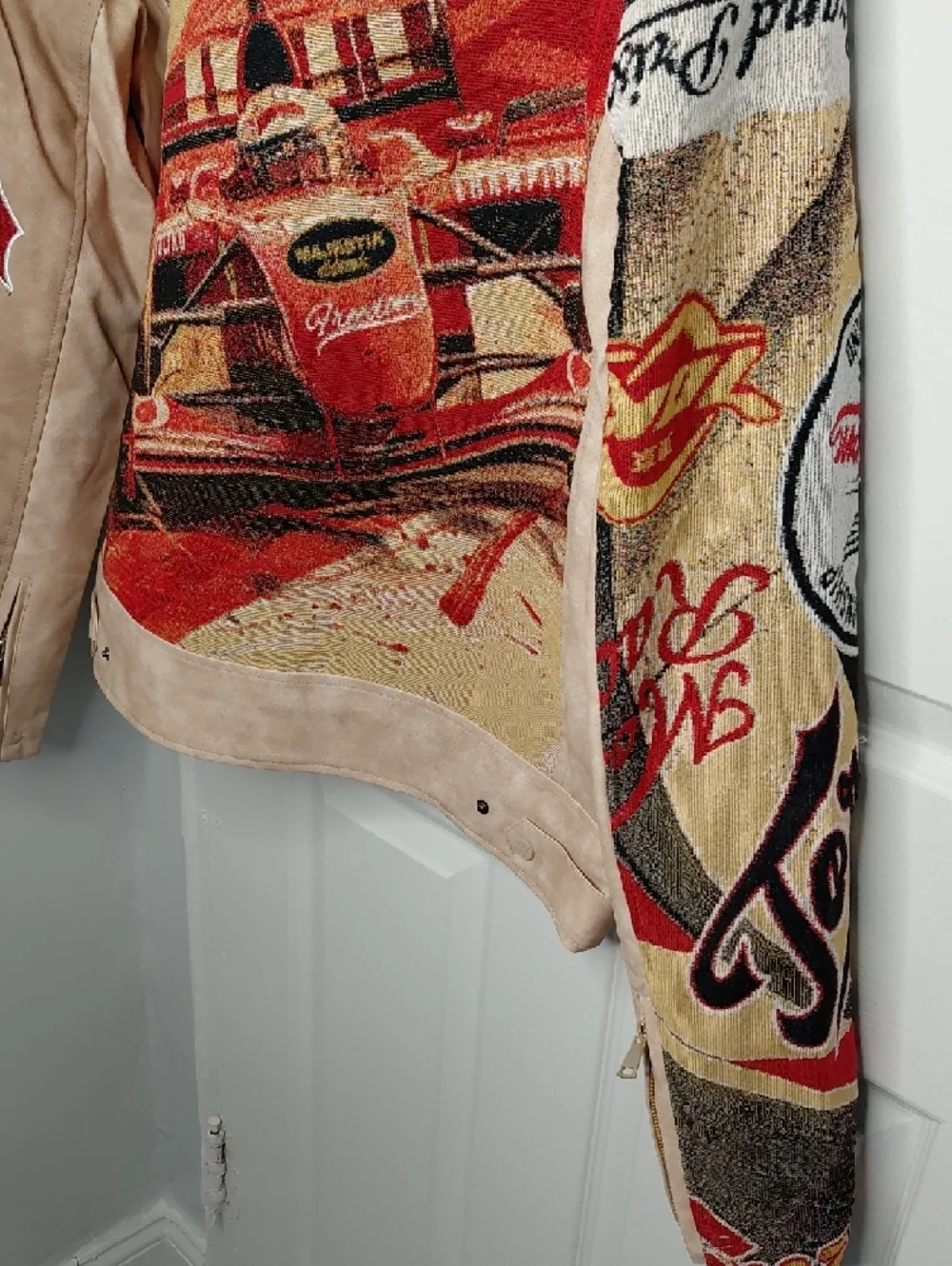 Beige Racing Graphic Leather Jacket - Picture 9 of 12